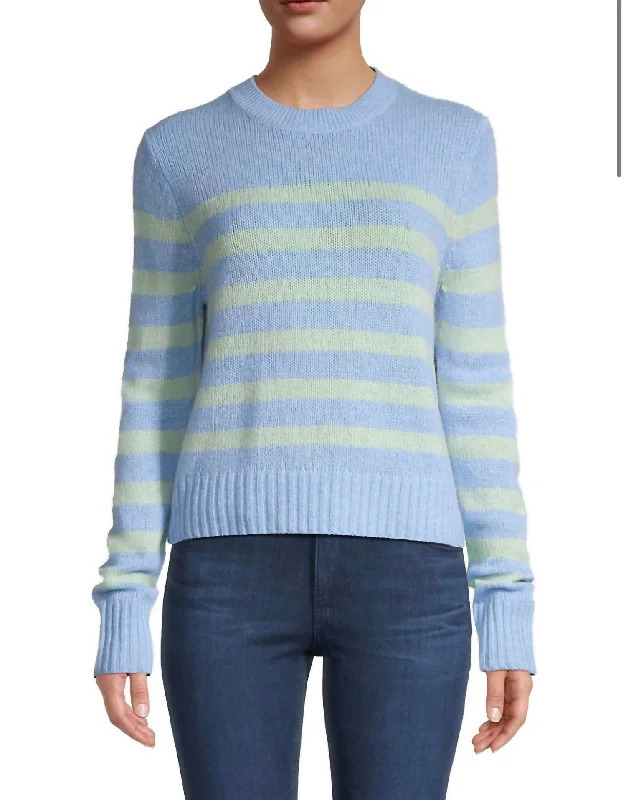 Featherweight Cashmere Striped Crewneck Sweater In Blue/mint