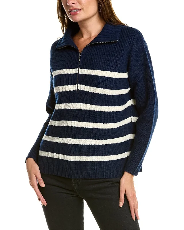 Forte Cashmere Striped Rib Mock Neck Wool & Cashmere-Blend 1/2-Zip Sweater