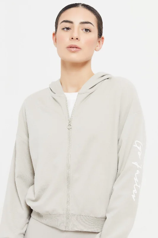 Women Grey Printed Hooded Sweatshirt