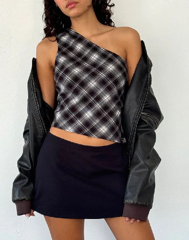 Harini One Shoulder Top in Black White Check