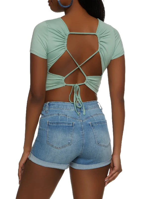 Solid Open Lace Up Back Crop Top