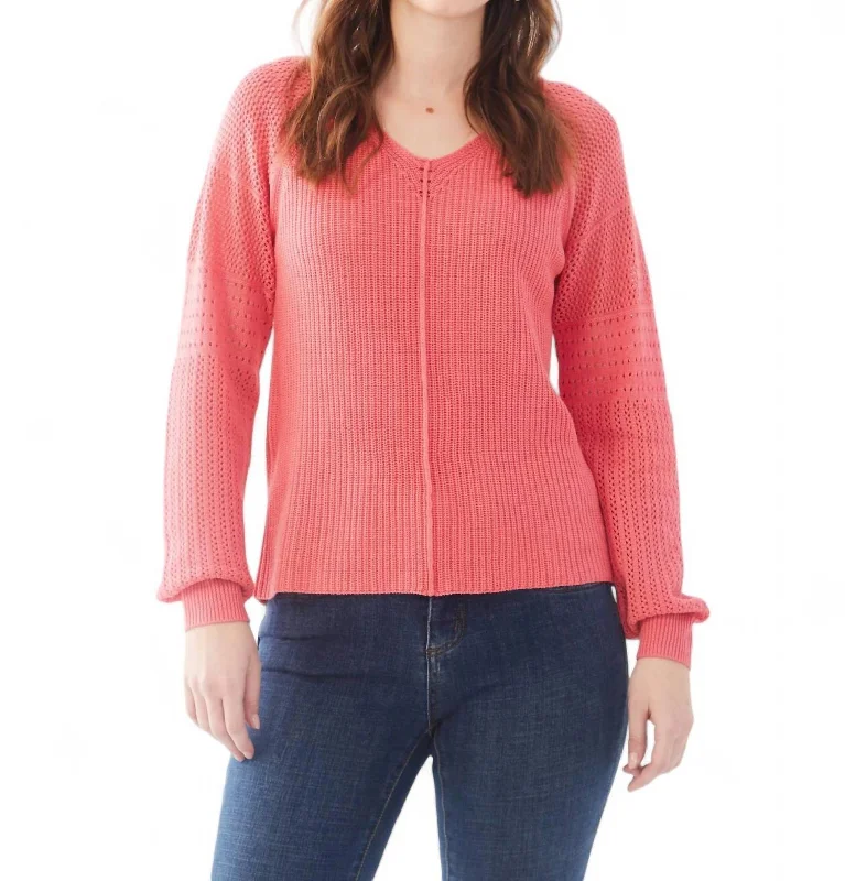 Long Pointelle Sleeve V-Neck Sweater In Flamingo Pink