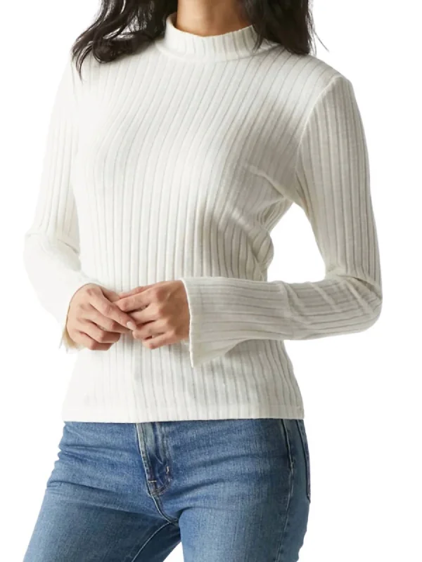 Opal Button Cuff Long Sleeve Ribbed Turtleneck Top In Chalk