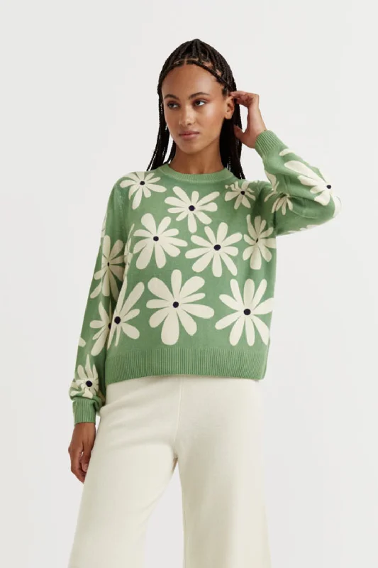 Pistachio Wool-Cashmere Ditsy Daisy Sweater