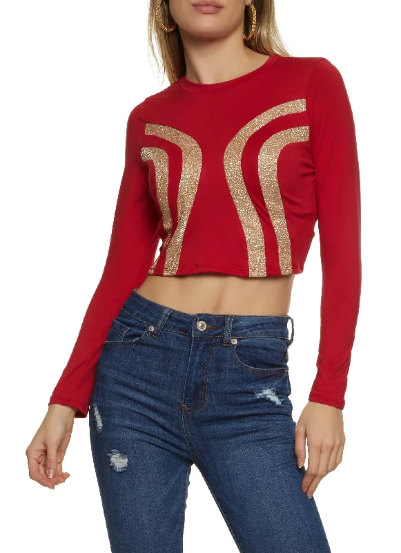 Glitter Patterned Long Sleeve Crop Top