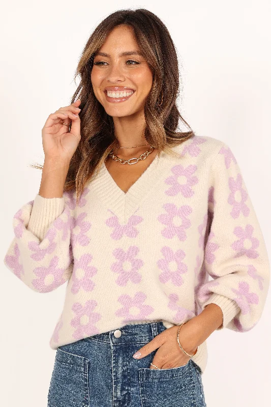 Remi Vneck Flower Knit Sweater - Lilac