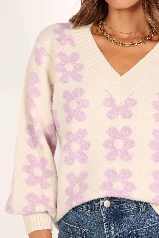 Remi Vneck Flower Knit Sweater - Lilac