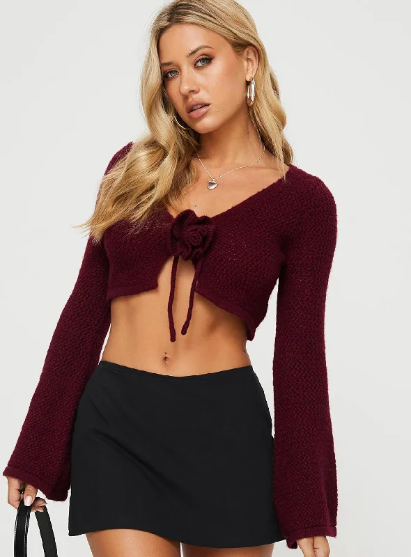 Rosey Tie Up Long Sleeve Top Burgundy