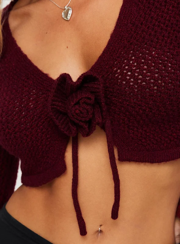 Rosey Tie Up Long Sleeve Top Burgundy