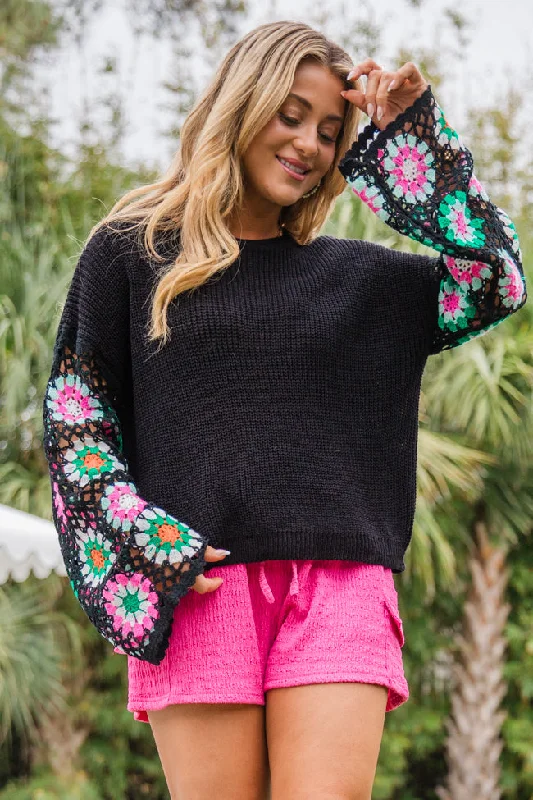 Sometime After Dark Black Crochet Sleeve Sweater