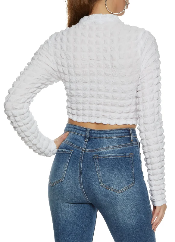 Bubble Knit Mock Neck Long Sleeve Crop Top