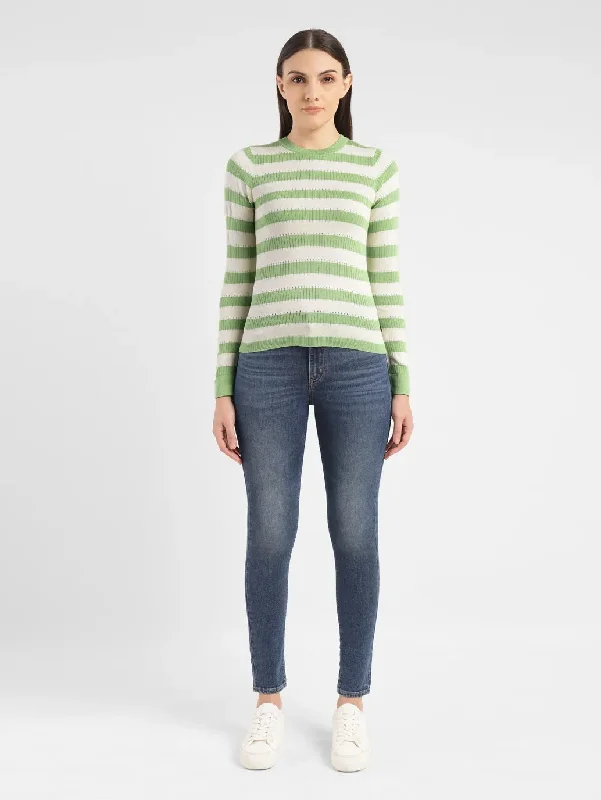 Women's Striped Green Crew Neck Sweater