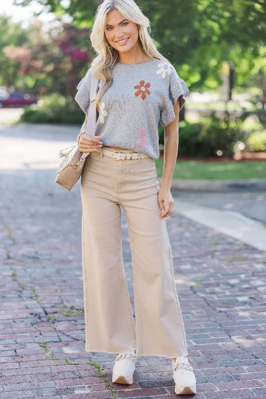 Before You Go Heather Gray Floral Sweater