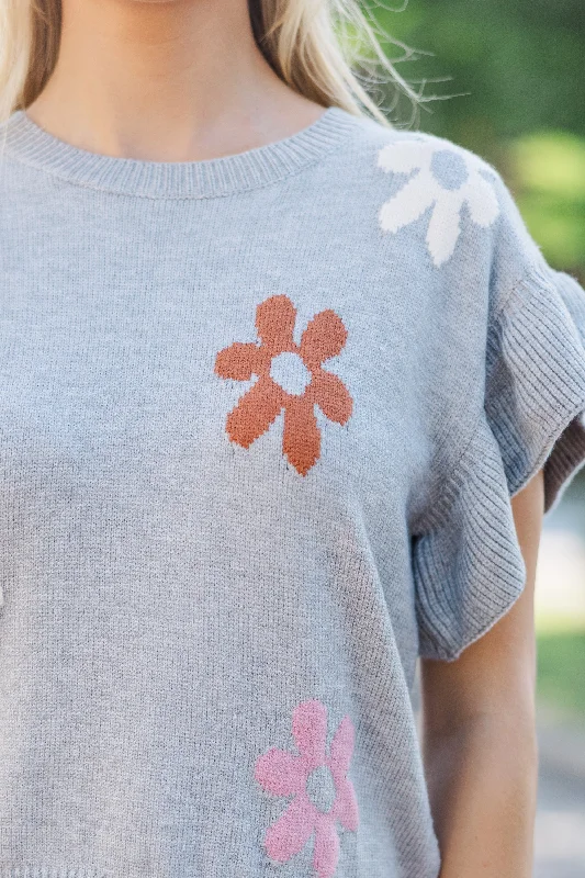 Before You Go Heather Gray Floral Sweater