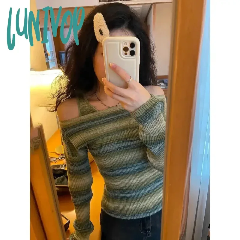 Lunivop Harajuku Off Shoulder Knitted Sweater Women Vintage Green Striped Jumper Fairycore Slim Two Piece Sets Y2K Tops E-girl