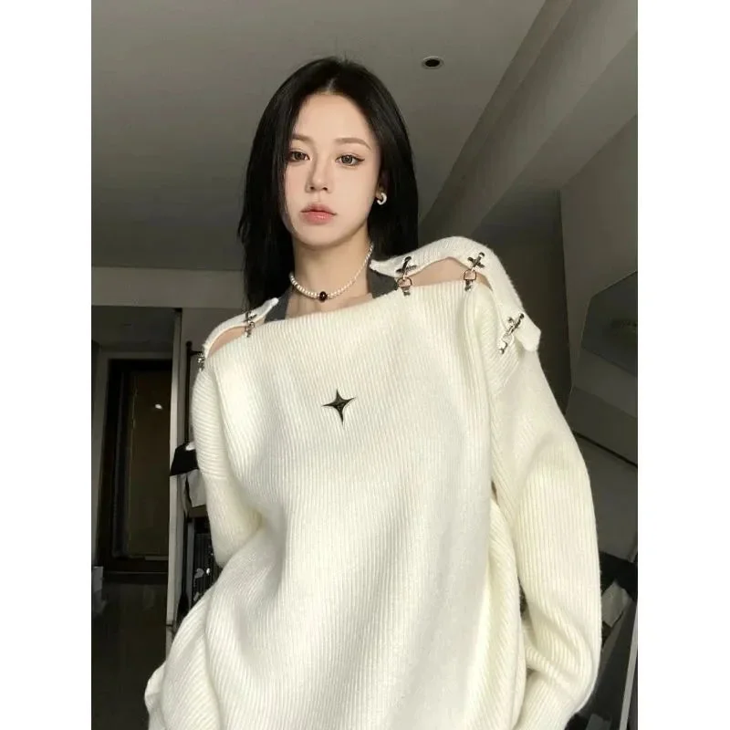 Lunivop Sexy Off Shoulder Slash Neck Pullover Sweater Autumn Loose Casual Solid Jumpers Harajuku Vintage Fashion Y2k Tops Grunge