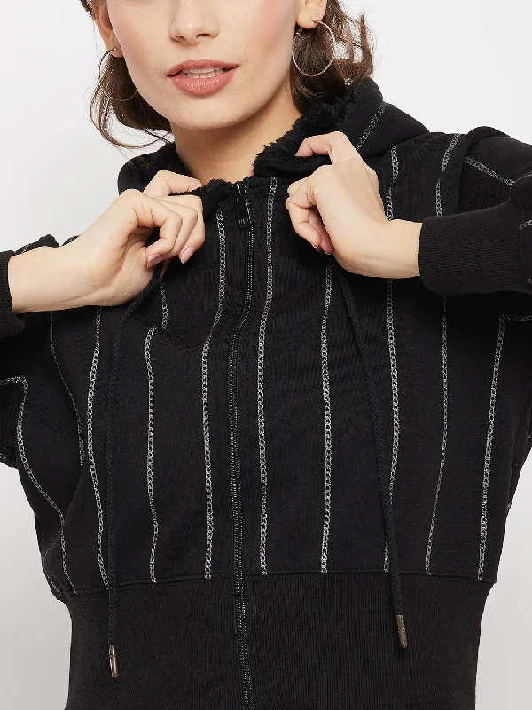 Madame Striped Black Hooded Crop Sweatshirt