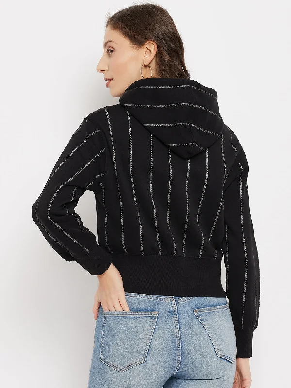 Madame Striped Black Hooded Crop Sweatshirt