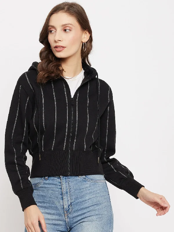 Madame Striped Black Hooded Crop Sweatshirt