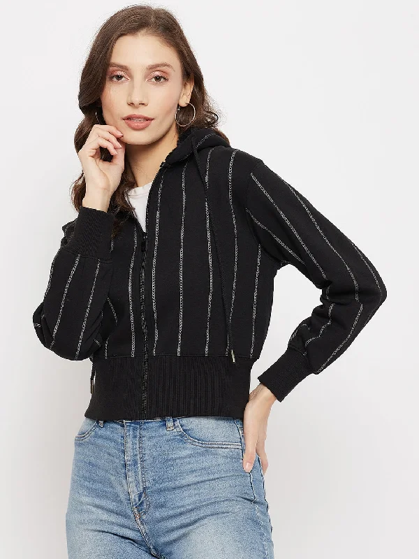 Madame Striped Black Hooded Crop Sweatshirt