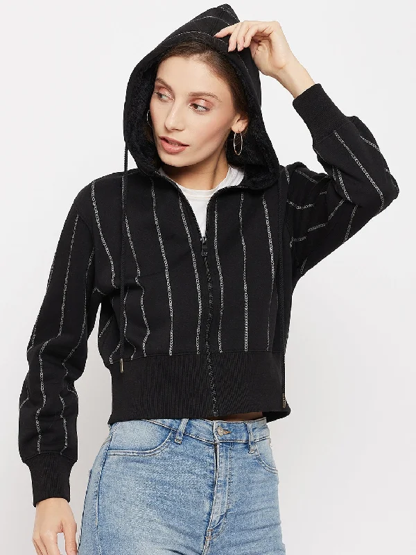 Madame Striped Black Hooded Crop Sweatshirt