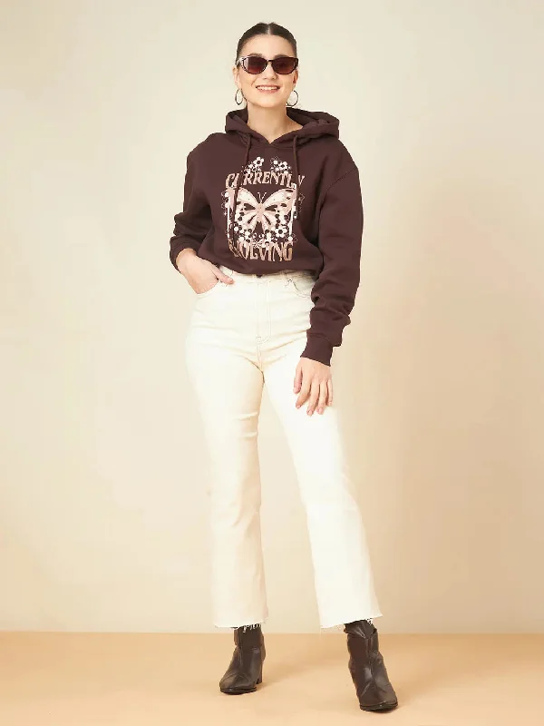 Madame Printed Coffee Brown Crop Sweatshirt