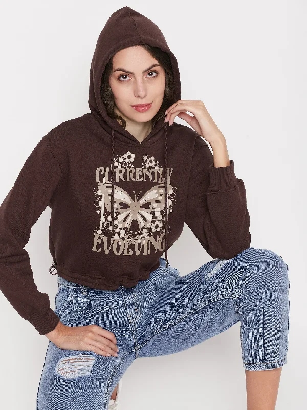 Madame Printed Coffee Brown Crop Sweatshirt