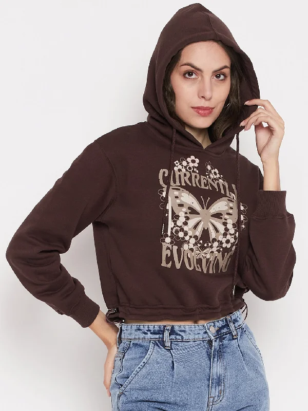 Madame Printed Coffee Brown Crop Sweatshirt