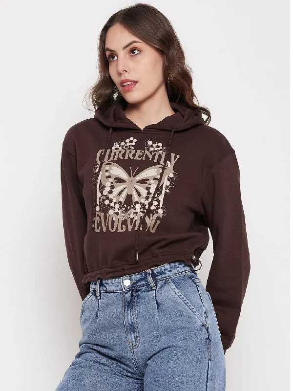 Madame Printed Coffee Brown Crop Sweatshirt