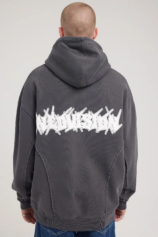 Neovision Disorder Raw-Edge Panelled Street Hoodie Washed Black