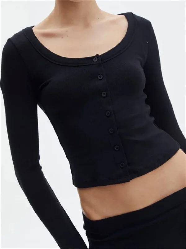 FashionSierra - 2024 Spring Autumn Casual Cropped Solid Color Front Buttons Up Long Sleeve O-Neck Slim Fit Basic Tops Tee