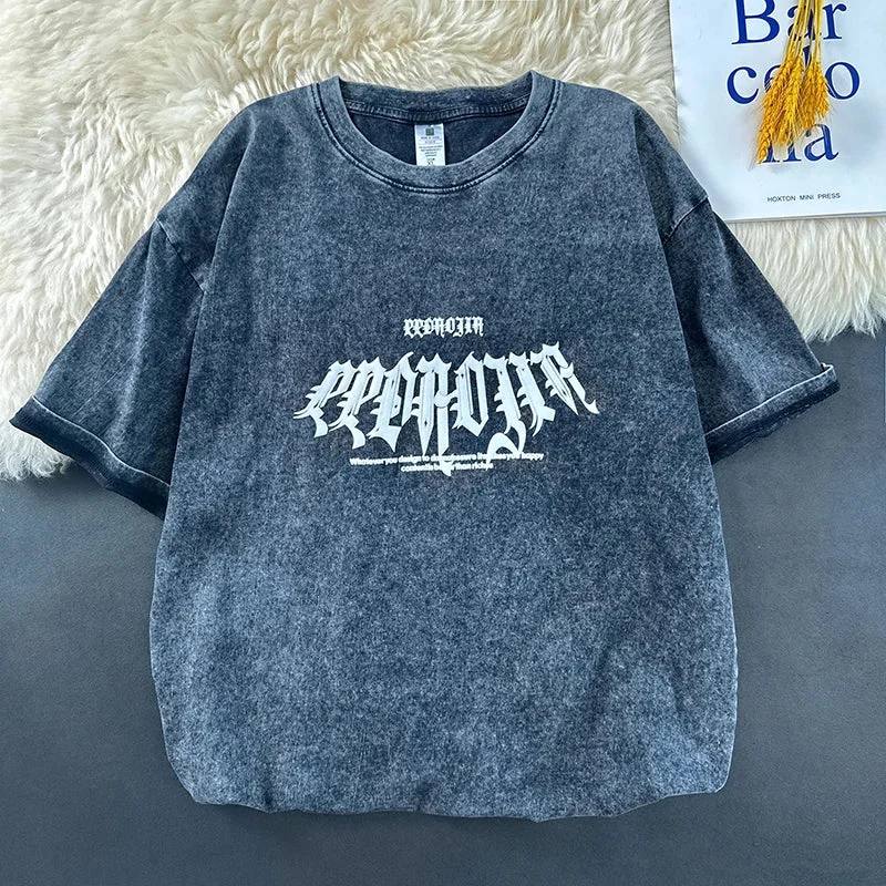 Washed T-shirt Men Gothic Style Printed T-Shirt Large Size Loose Unisex Tshirts Summer Casual Round Neck Short Sleeve Tops