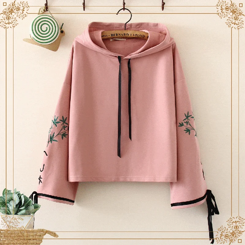 Women's Casual Leaf Embroidered Lace-up Sleeved Hoodies