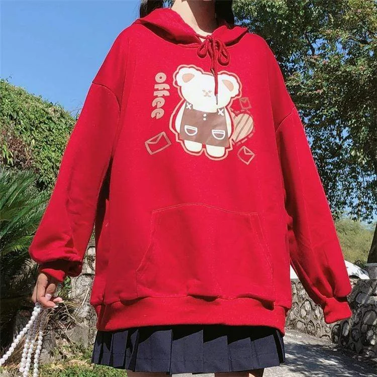 Women's Kawaii Bear Printed Rabbit Ear Hooded Loose Hoodies 