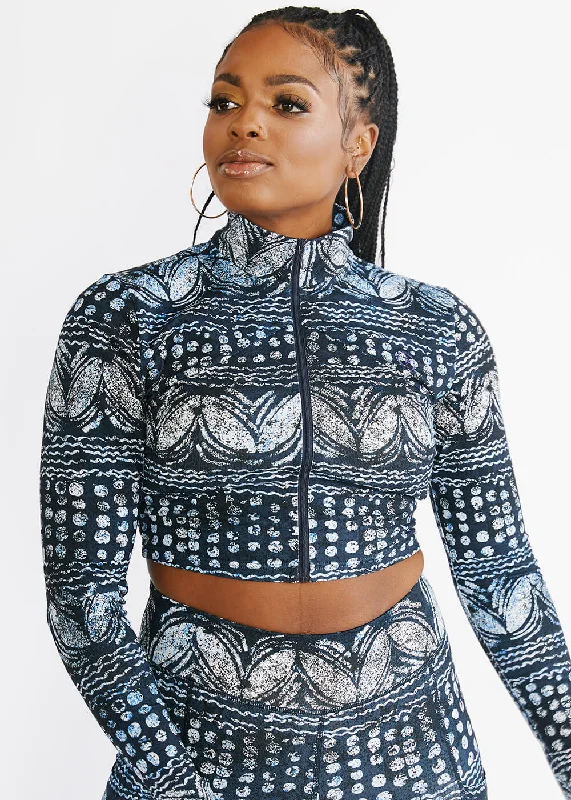 Anaya Women's African Print Zip-Up Crop Top (Navy Gray Adire) - Clearance