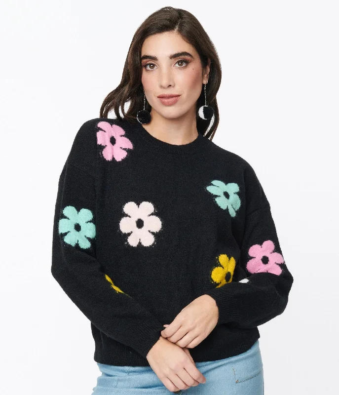 Black & Multicolor Floral Knit Sweater