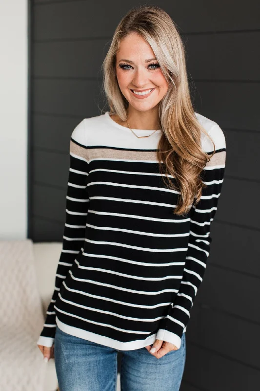 Can't Stay Away Striped Sweater- Black & Taupe