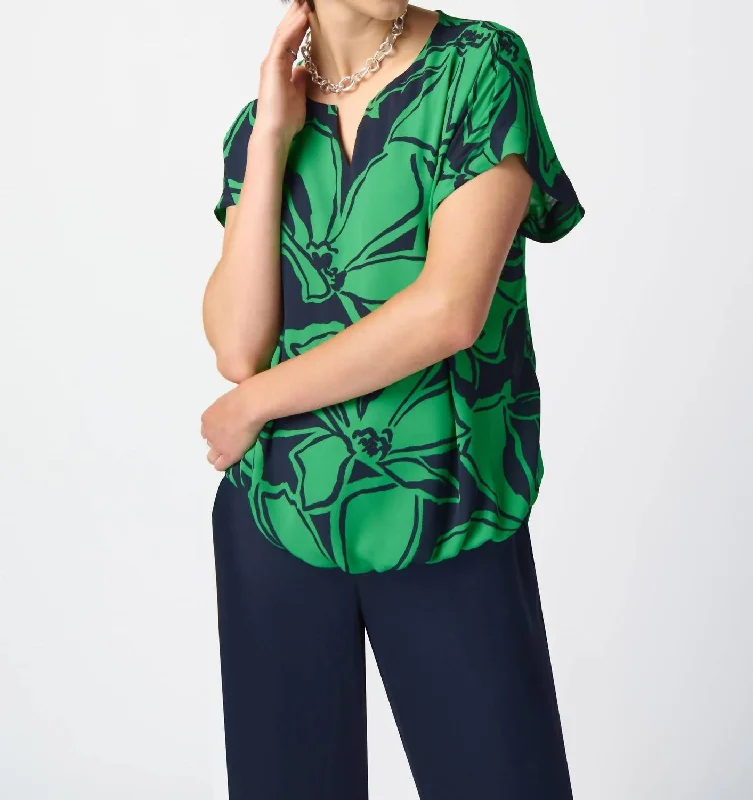 Floral Print Georgette Boxy Top In Midnight Blue / Green