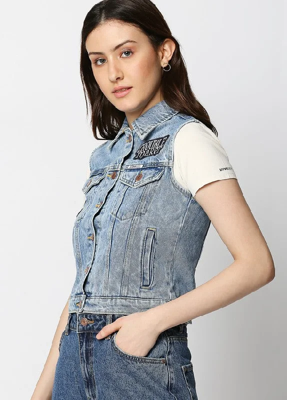 Hamburg Mid Blue Vest Jacket With Embroidery Patch