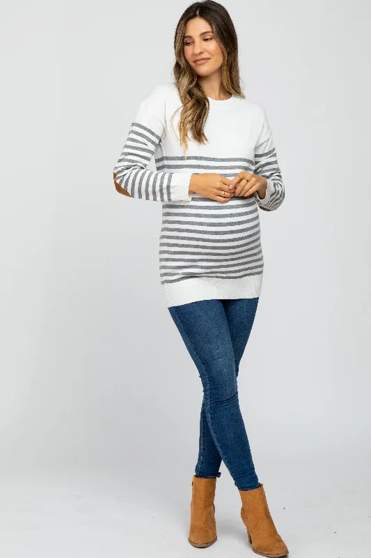 Heather Grey Striped Elbow Patch Knit Maternity Sweater