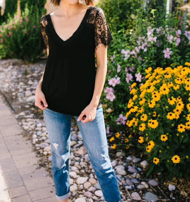 Loaded With Lace V-Neck Tee In Black