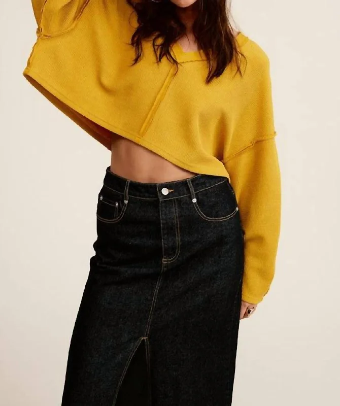 Long Sleeve Loose Crop Top In Mustard