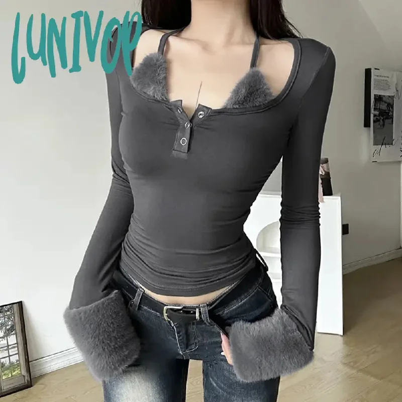 Lunivop Personality Patchwork Fluffy Bandage Crop Top Vintage Y2k Aesthetic Square Collar Button T-shirt Japanese Long Sleeve Women Tees