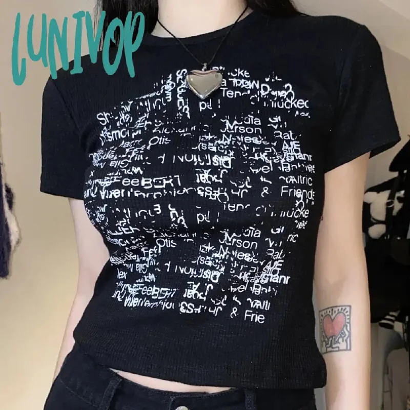 Lunivop Summer Fashion Women T Shirt 90s Letter Print Tee Casual Y2k Vintage Crop Tops Korean O-neck Short Sleeve Harajuku Punk Clothing