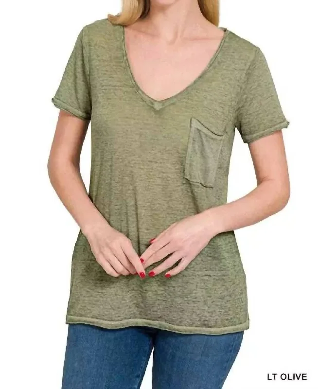 Melange Burnout V-Neck T-Shirt In Light Olive