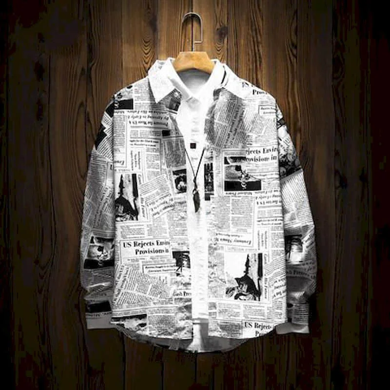 Newspaper shirt Korean trend men's shirt long-sleeved loose couple lovers shirt student all-match shirt 2024 fashion streetwear