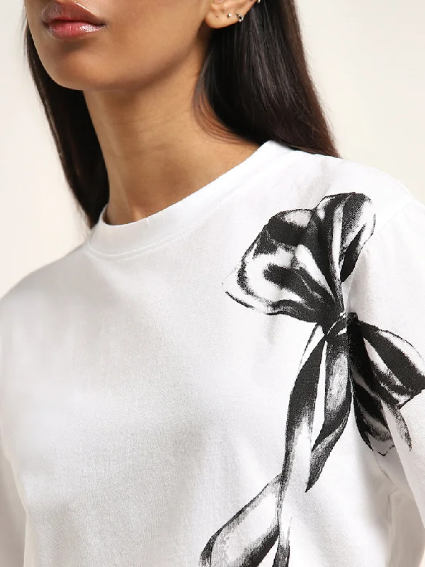 Nuon White Bow Printed Cotton T-Shirt