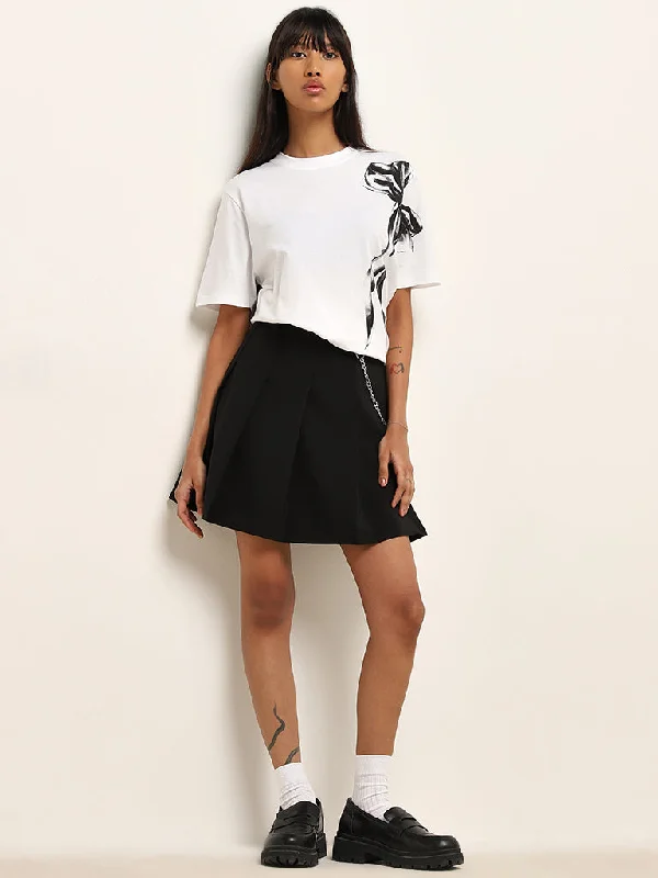 Nuon White Bow Printed Cotton T-Shirt