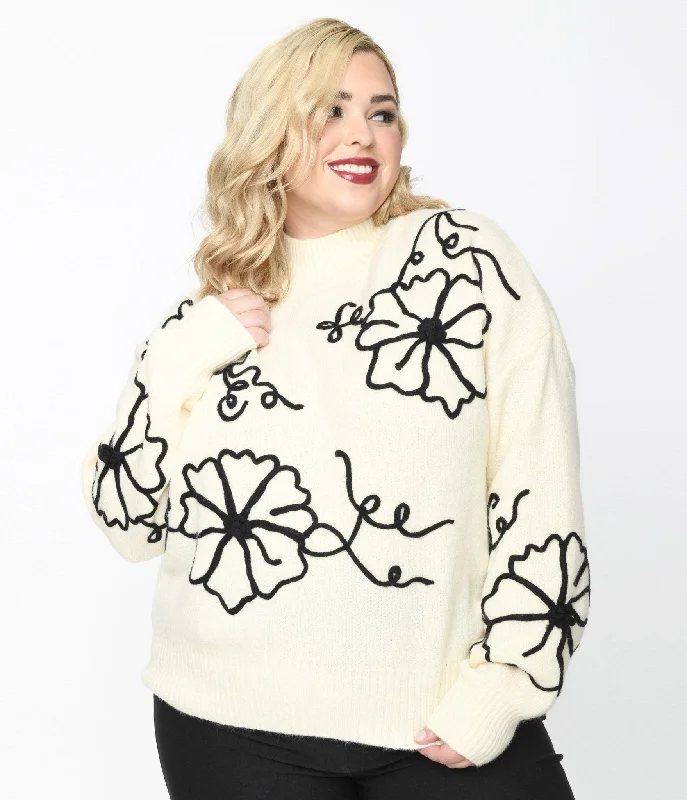 Plus Size Cream & Black Floral Embroidered Mock Neck Sweater