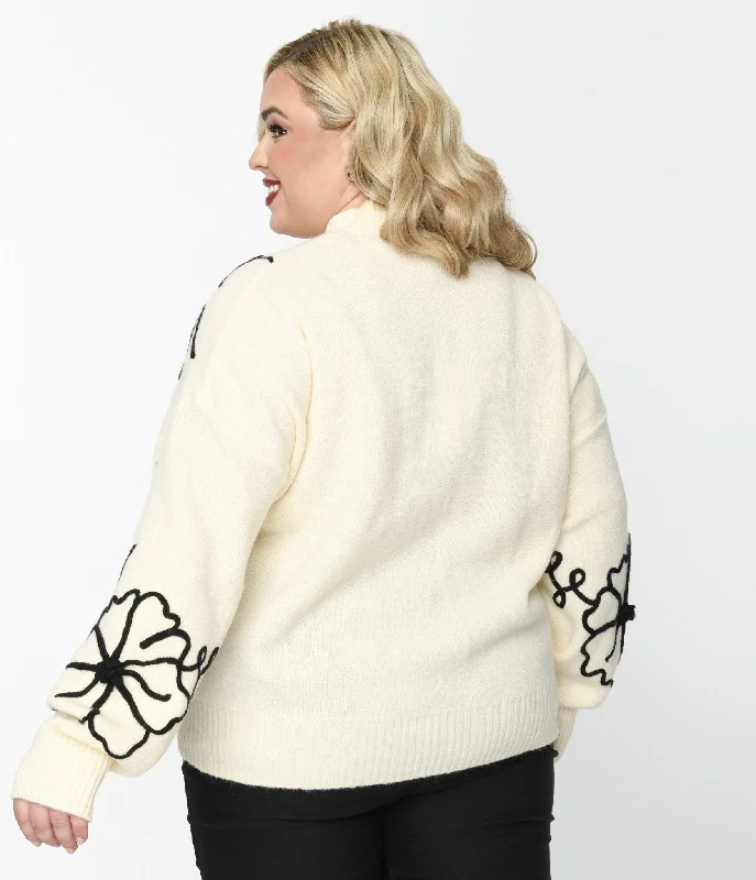 Plus Size Cream & Black Floral Embroidered Mock Neck Sweater